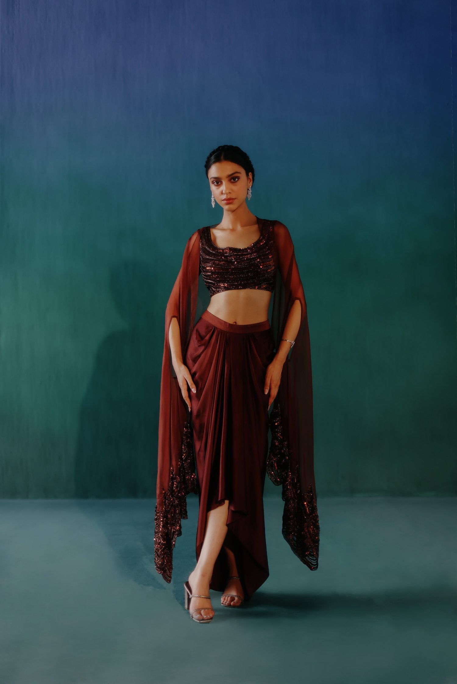 Mud Brown Dhoti Cape Set