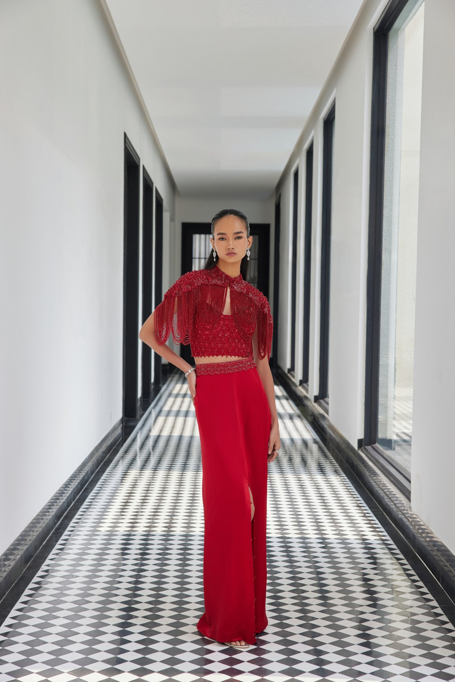 Red Crsytal Cape With A Satin Slit Skirt