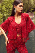 Load image into Gallery viewer, Red Indowestern Short Jacket Set With Flaired Pants
