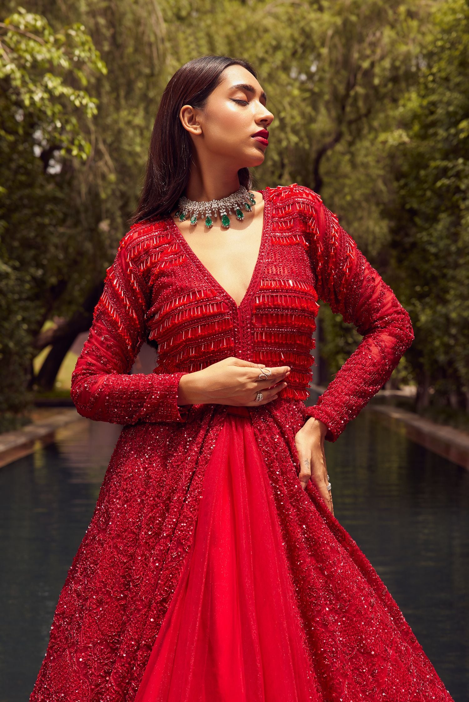 Red Jacket Gown With Net Skirt