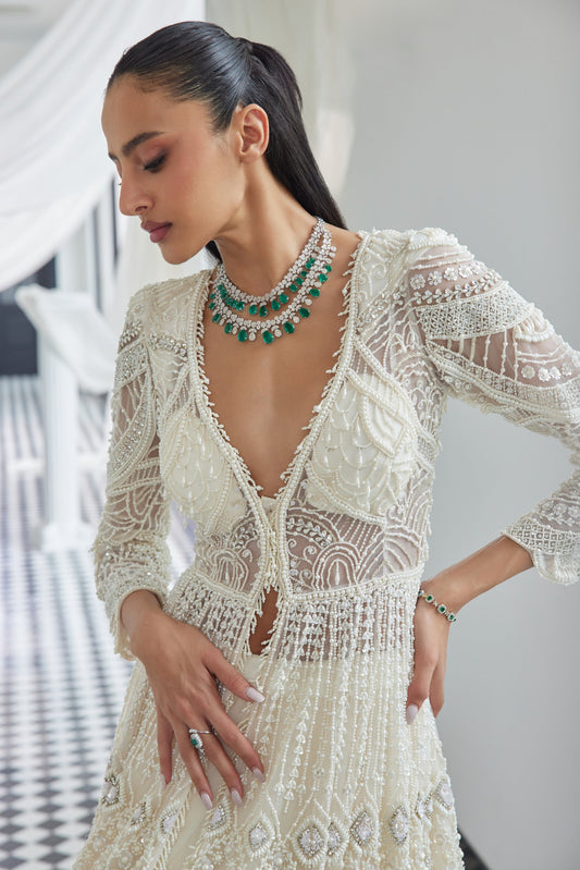 Ivory Pearl And Stone Embellished Jacket Gown Set