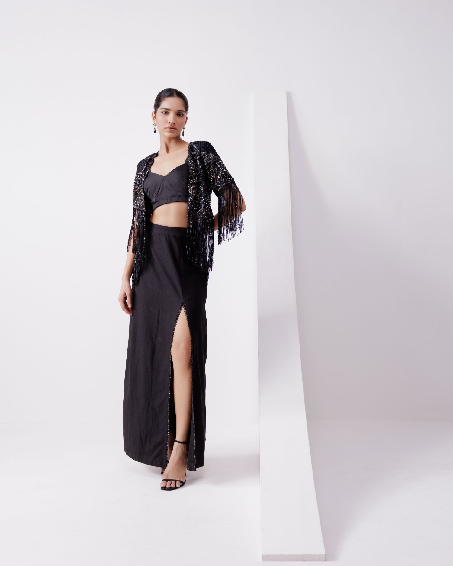 Black Cape Set With Slit Skirt