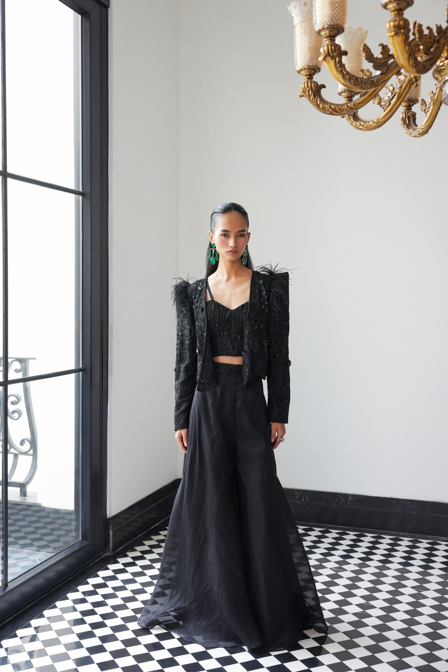 Black Organza Jacket With Pants Set