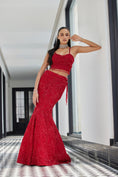 Load image into Gallery viewer, Red On Red Fish Cut Lehenga With A Short Jacket
