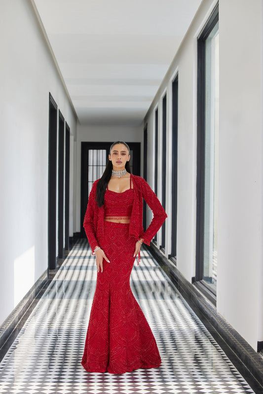 Red On Red Fish Cut Lehenga With A Short Jacket