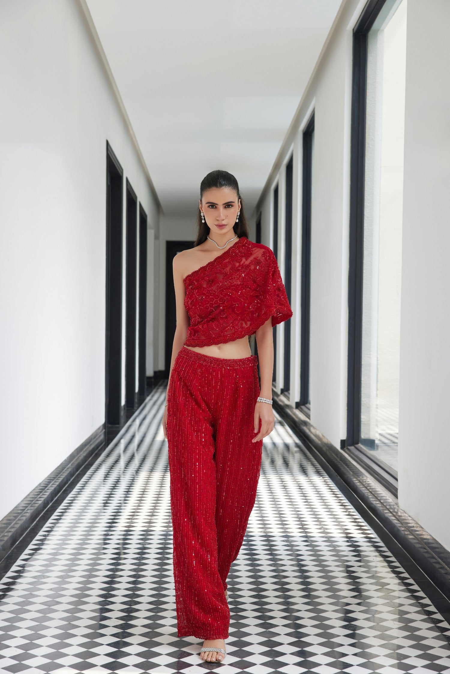 Red Offshoulder Top With Embroidered Pants