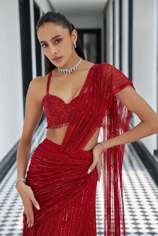 Red Drape Saree With A Slit Skirt