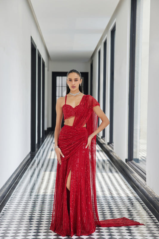 Red Drape Saree With A Slit Skirt