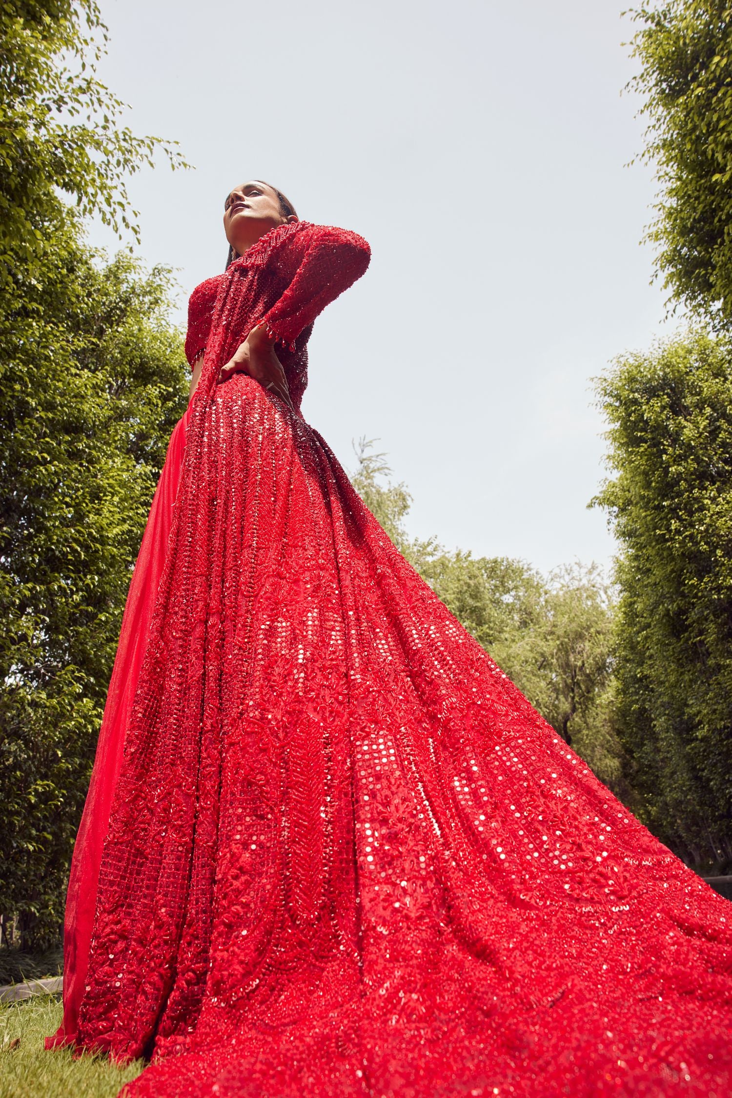 Red Trail Jacket Gown With Net Skirt