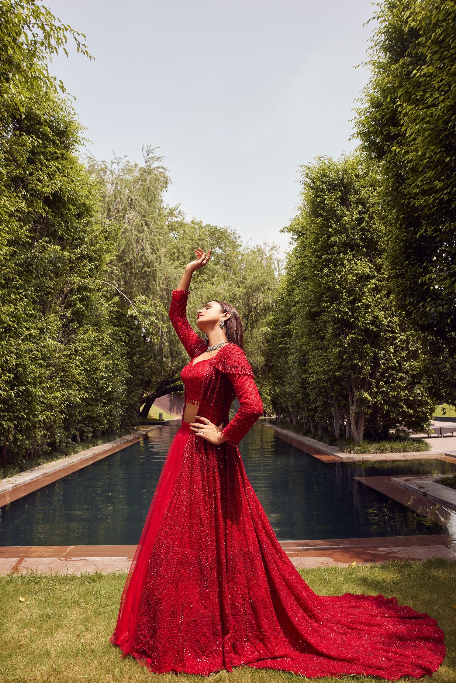 Red Trail Jacket Gown With Net Skirt