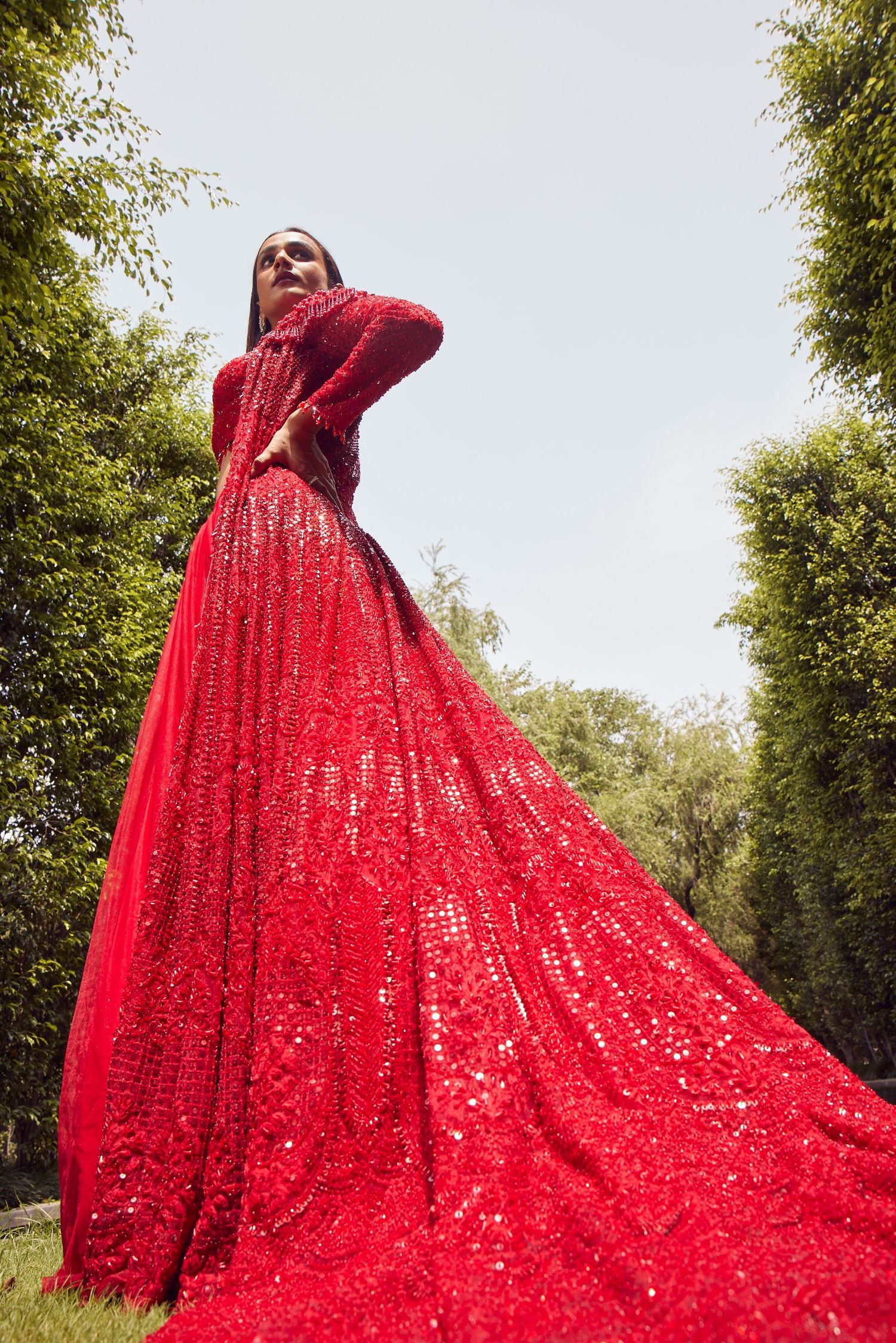 Red Trail Jacket Gown With Net Skirt