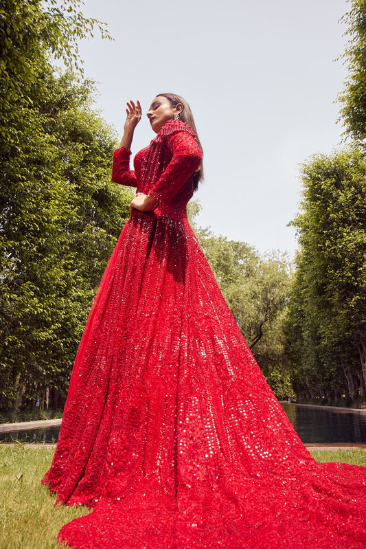 Red Trail Jacket Gown With Net Skirt