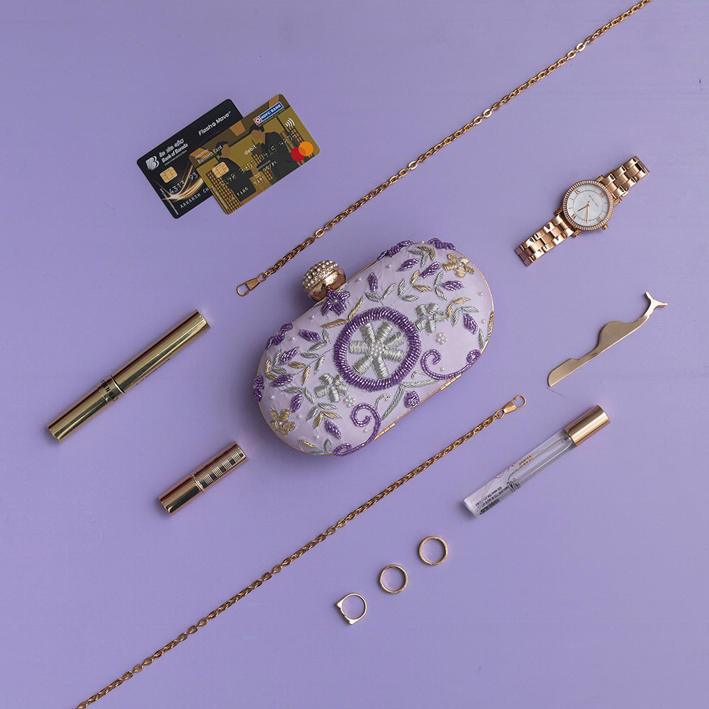 THE TAN CLAN Gul Lilac Hand Embroidered Clutch AGASHE