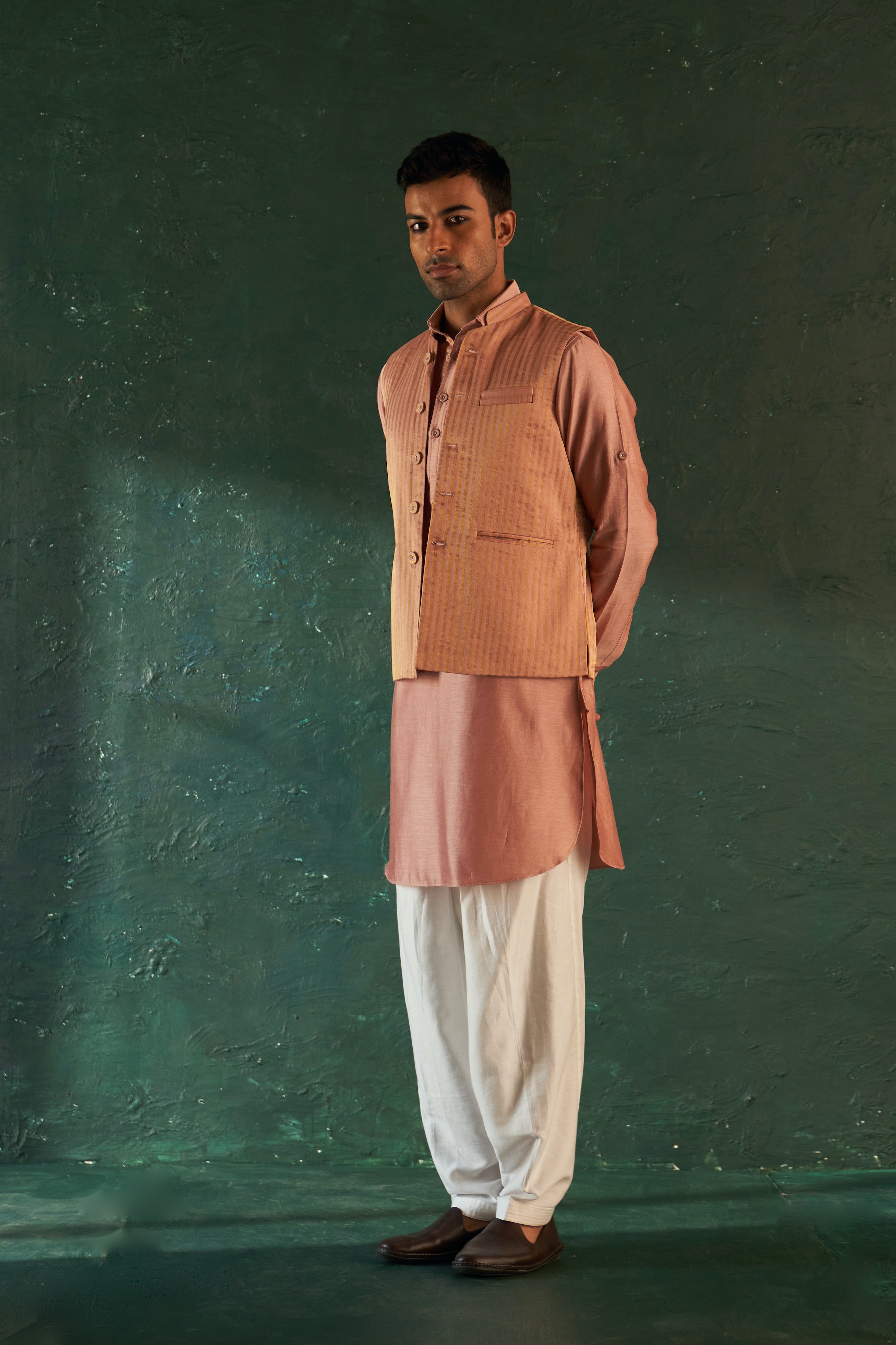 Festive Wear Fancy Work On Cream And Black Occasion Wear Silk Pathani Set  With Jacket For Men