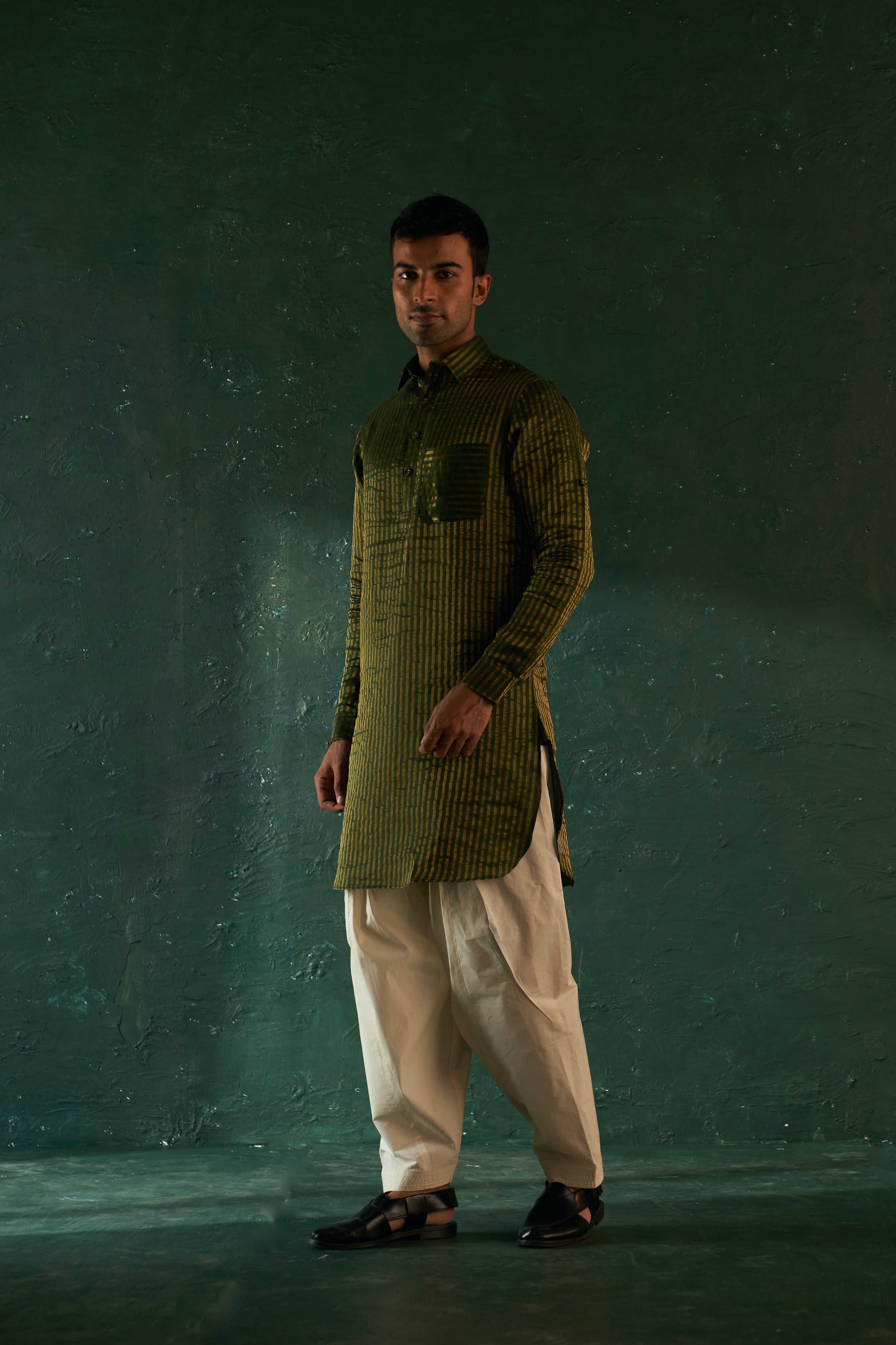 Men's Deep Green Stripe Pathani Kurta Set with Jacket- set of 3