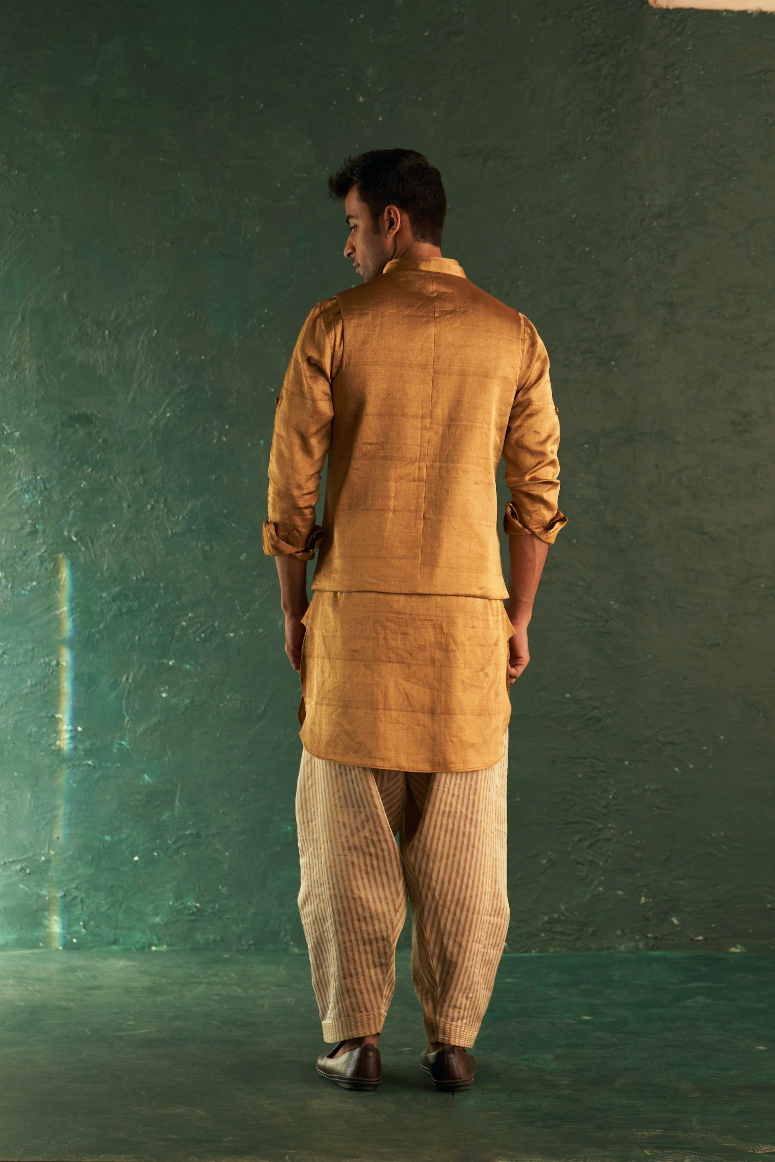 Men's Gold Tissue Pathani Kurta Set with Jacket- set of 3