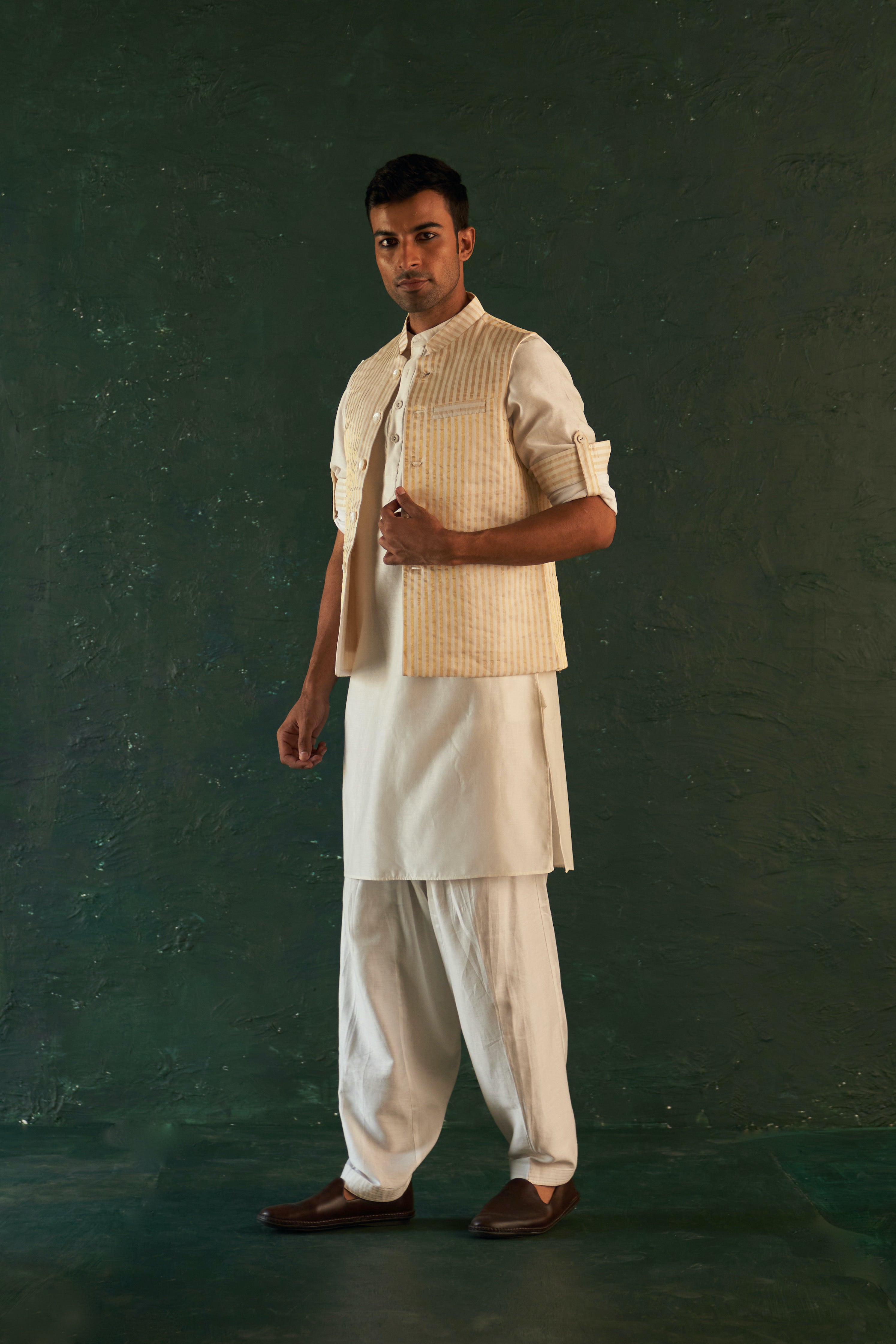 Men's White Straight Kurta Set with Jacket- set of 3