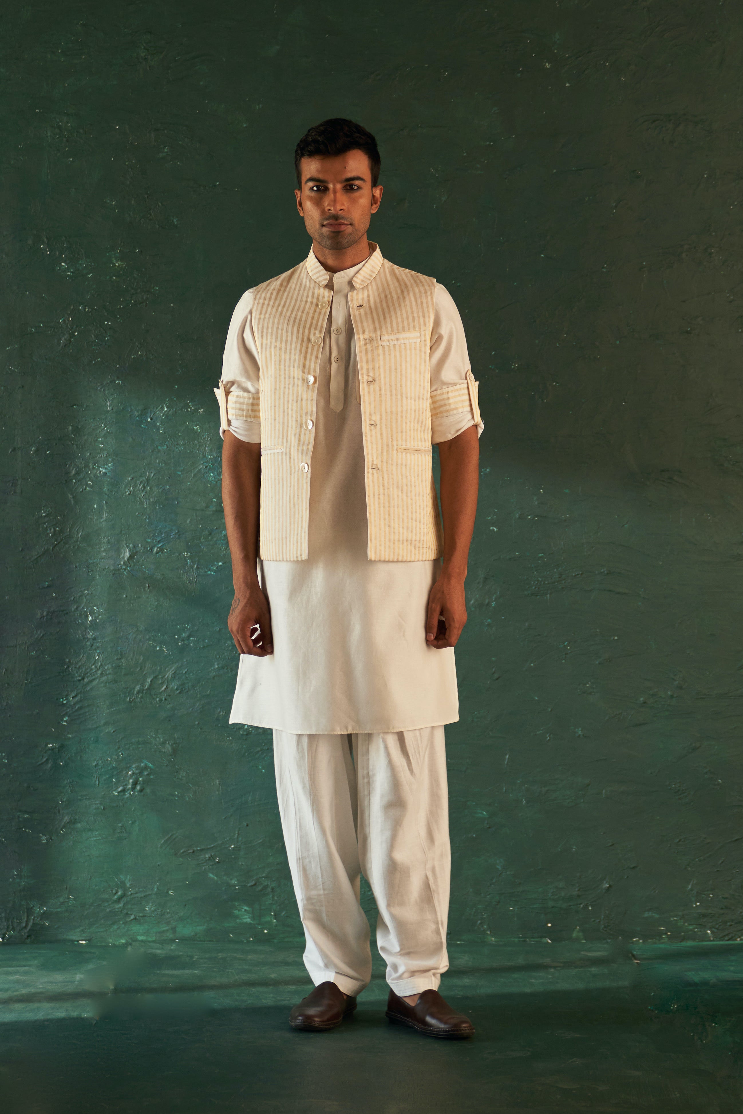 Men's White Straight Kurta Set with Jacket- set of 3