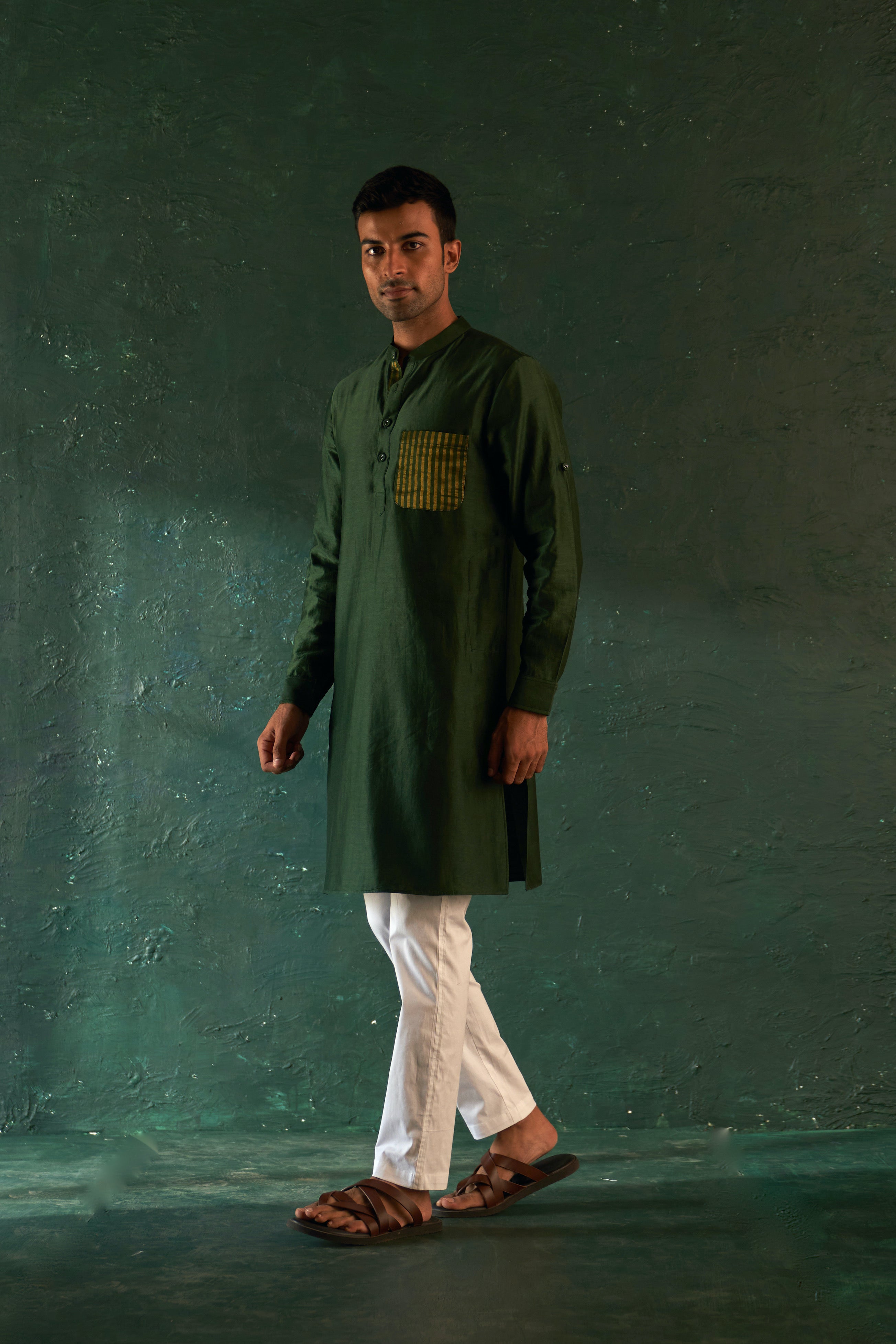 Men's Deep Green Straight Kurta Set with Jacket- set of 3