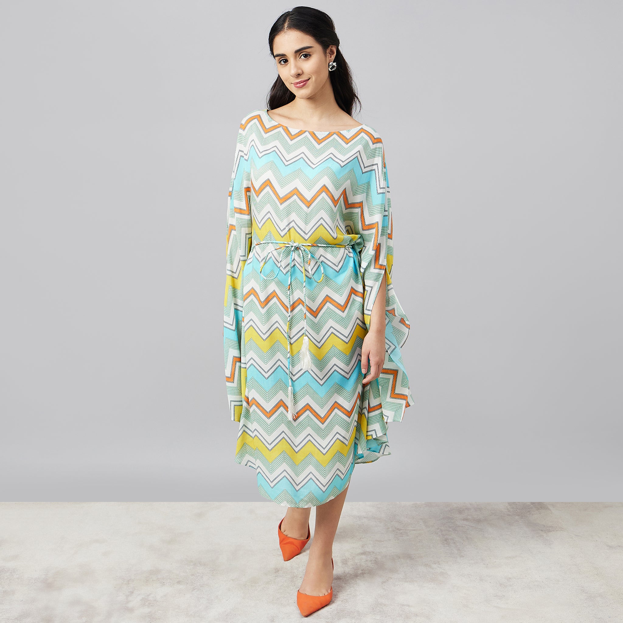 Pale Blue and Yellow Chevron Long Dress