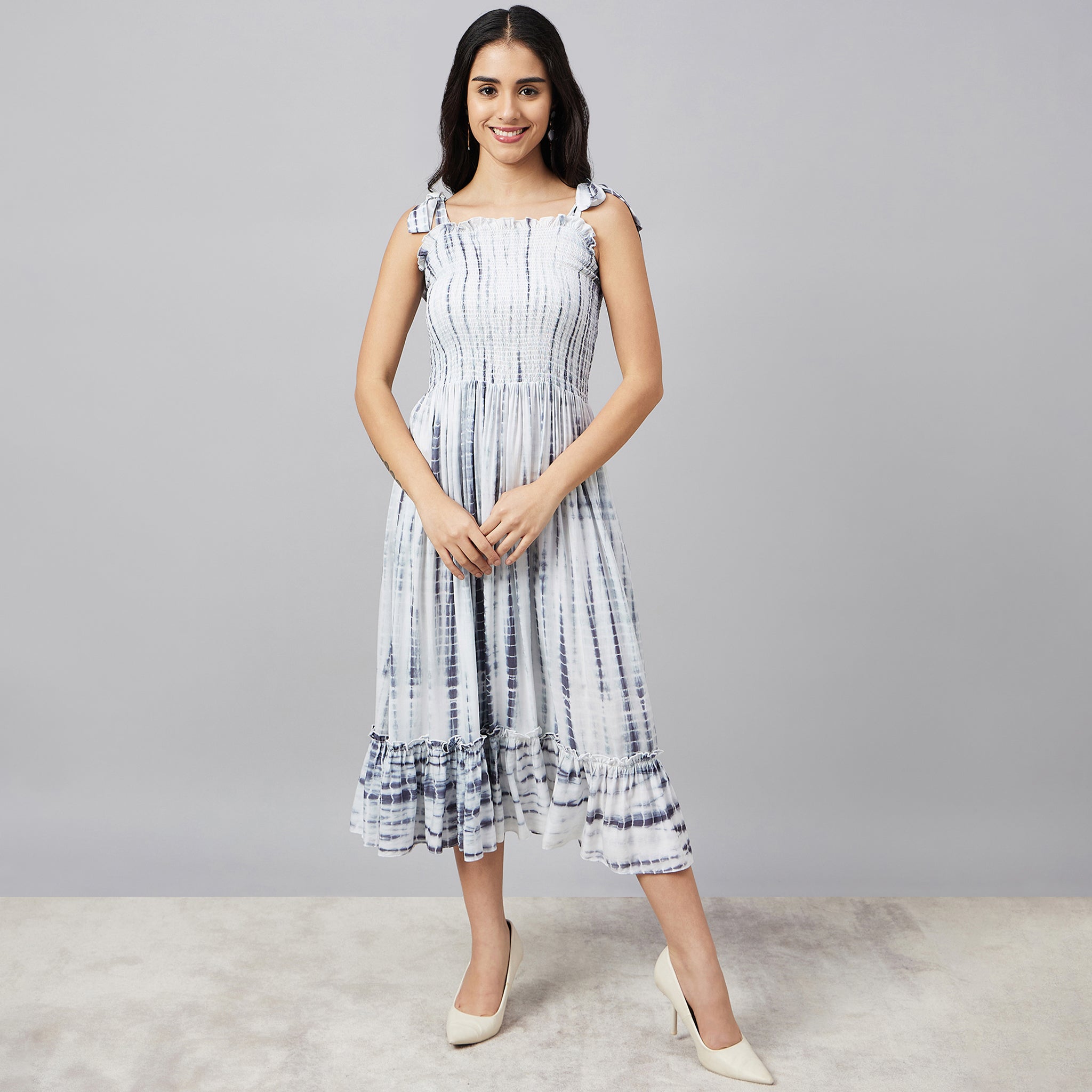 Indigo Tie-Dye Smocking Midi Dress