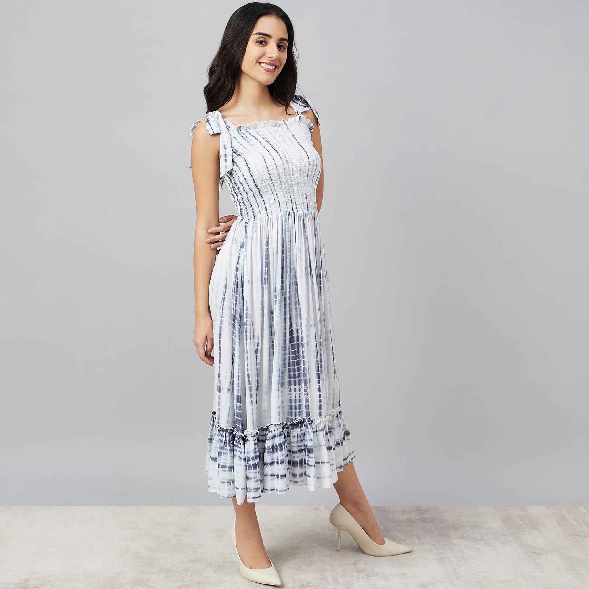 Indigo Tie-Dye Smocking Midi Dress