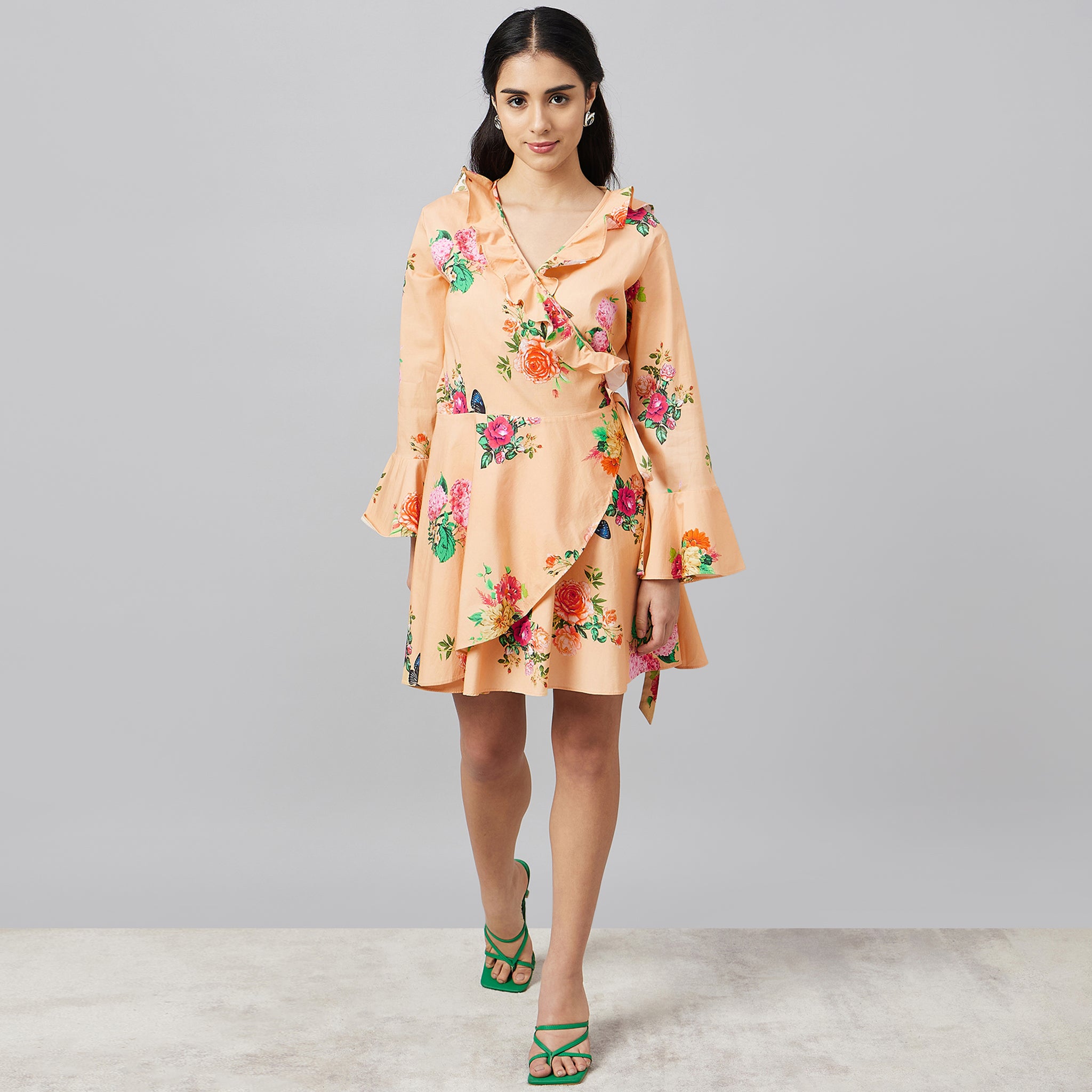 Yellow Floral Wrap-Around Dress