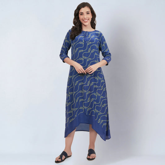 Blue and Green Marine Rope Knot Printed Slimline Kaftan Dress