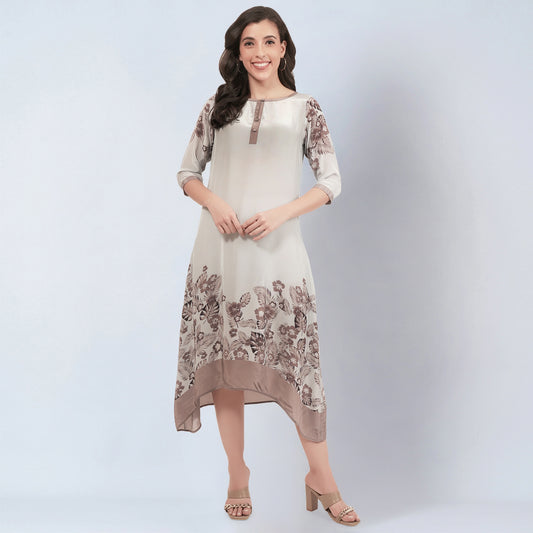 Grey and Beige Floral Printed Slimline Kaftan Dress