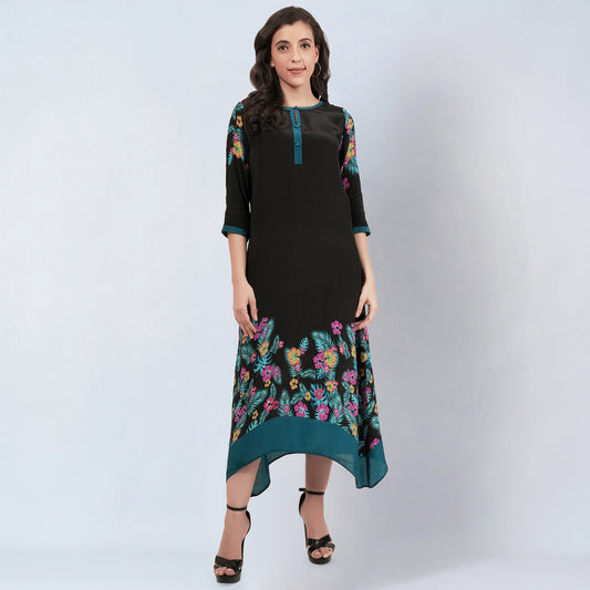 Black and Yellow Floral Printed Slimline Kaftan Dress