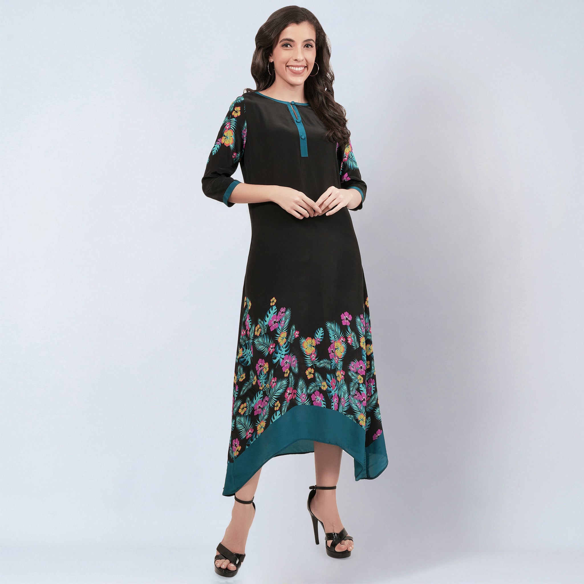 Black and Yellow Floral Printed Slimline Kaftan Dress