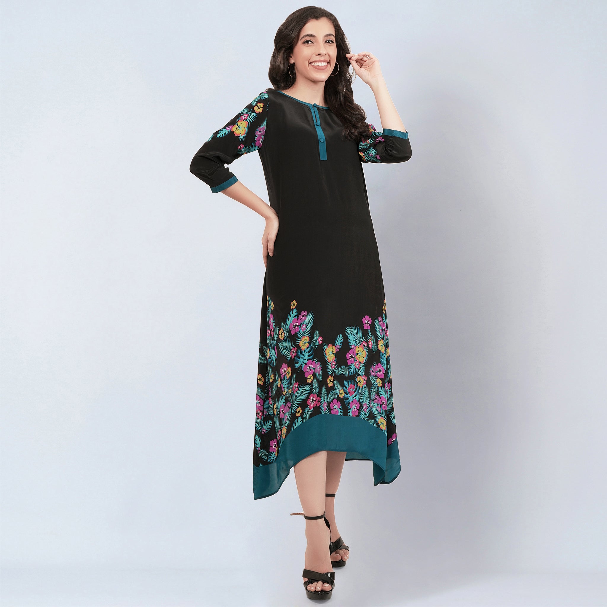 Black and Yellow Floral Printed Slimline Kaftan Dress