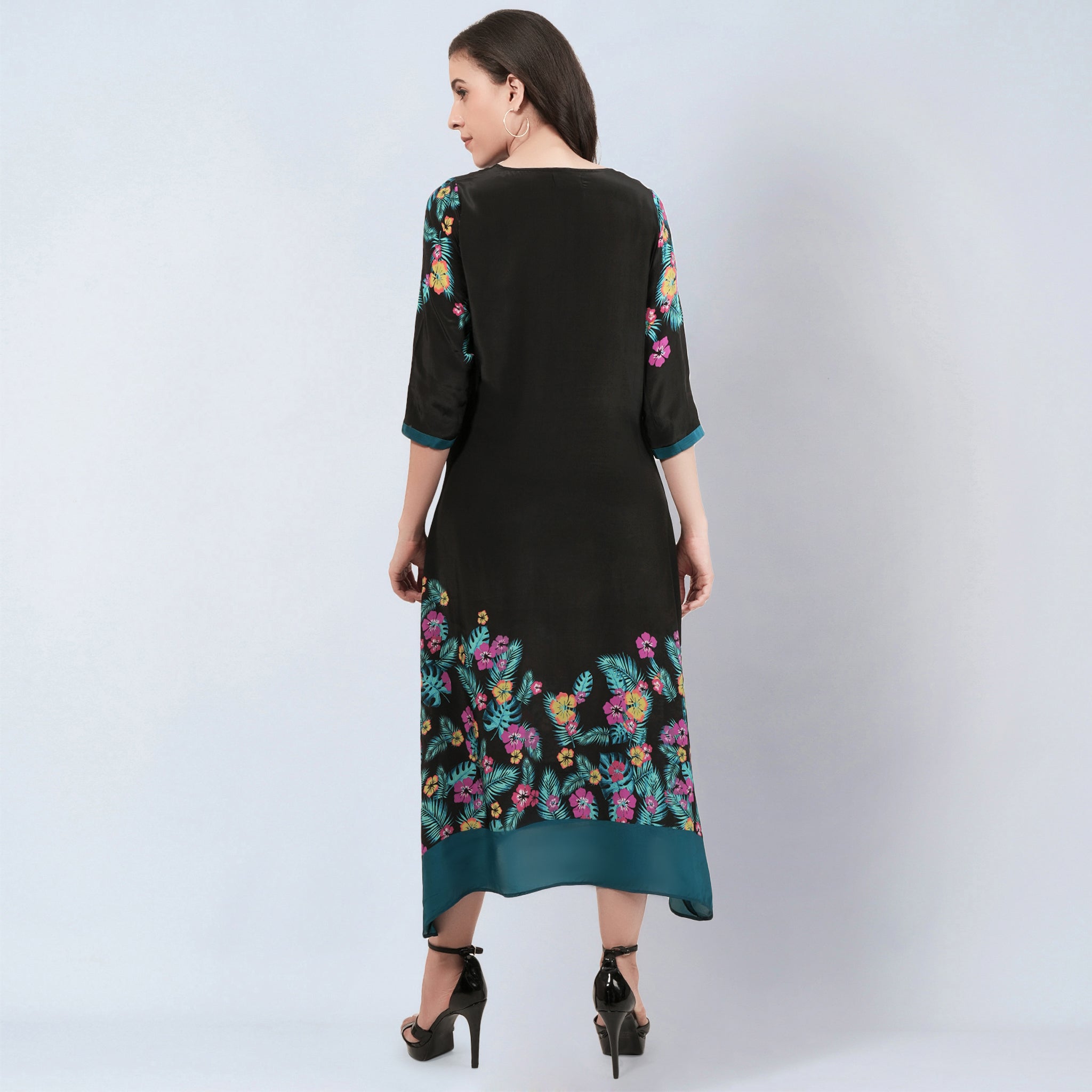 Black and Yellow Floral Printed Slimline Kaftan Dress