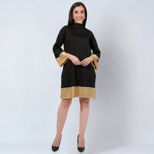 Black Cotton Satin Tunic Dress with Gold Sequin Border