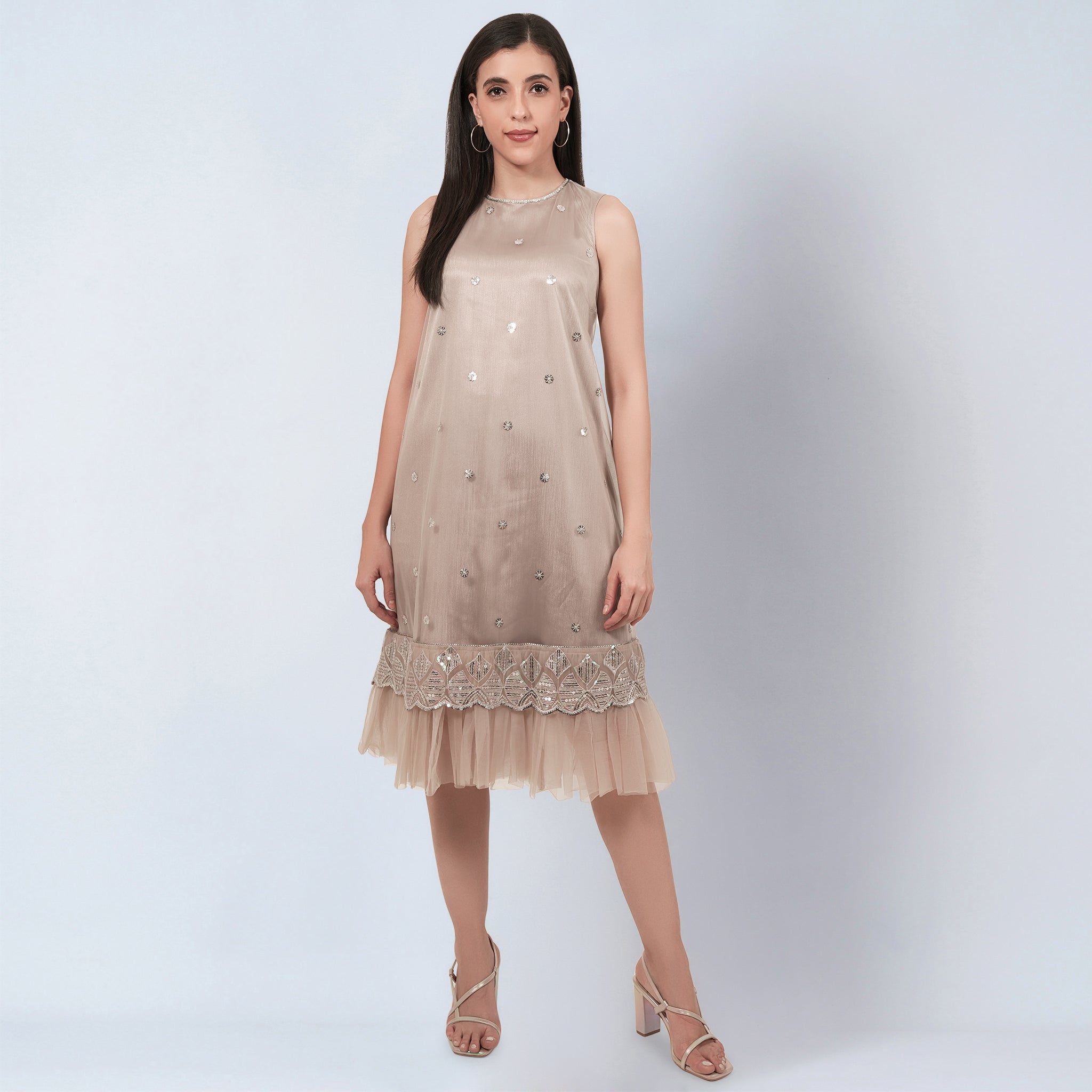 Beige Sequin Embroidered A-Line Net Dress