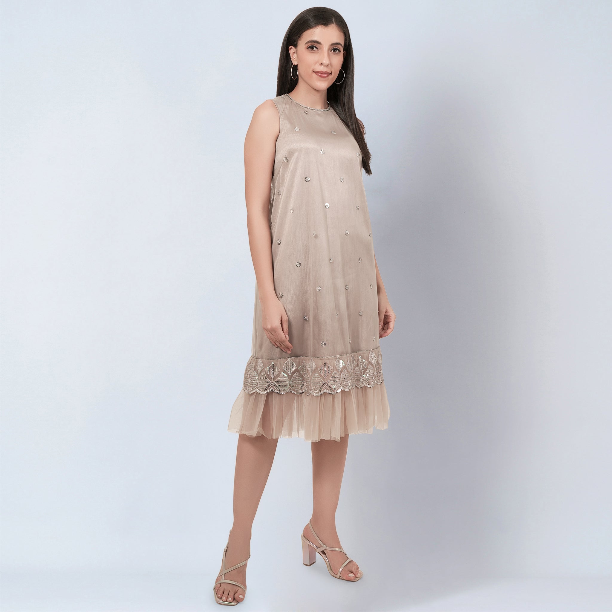 Beige Sequin Embroidered A-Line Net Dress