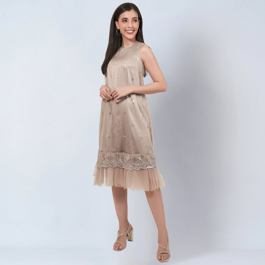 Beige Sequin Embroidered A-Line Net Dress