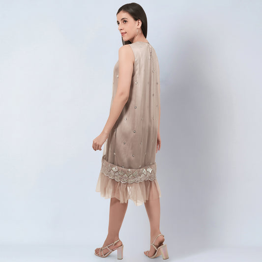 Beige Sequin Embroidered A-Line Net Dress