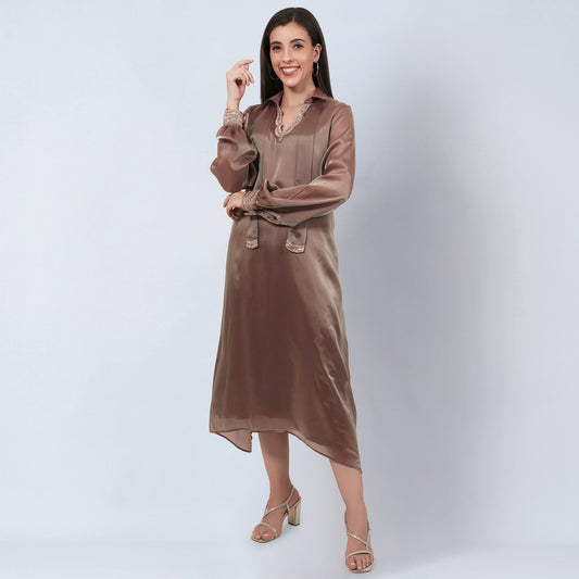 Brown A-Line Dress with Bead Lace Detail with Slip