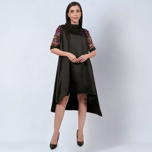 Black Crystal Embroidered Asymmetrical Dress