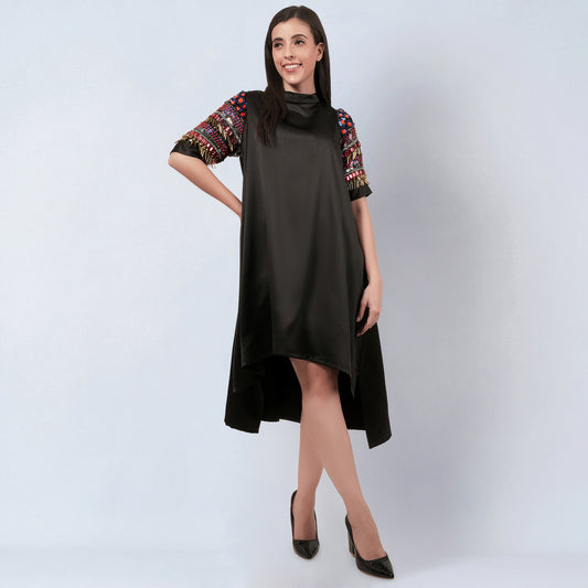 Black Crystal Embroidered Asymmetrical Dress