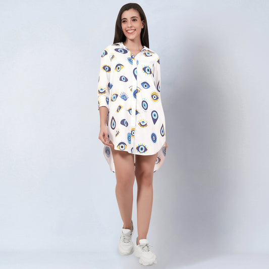 White and Blue Evil Eye Print Shirt Dress