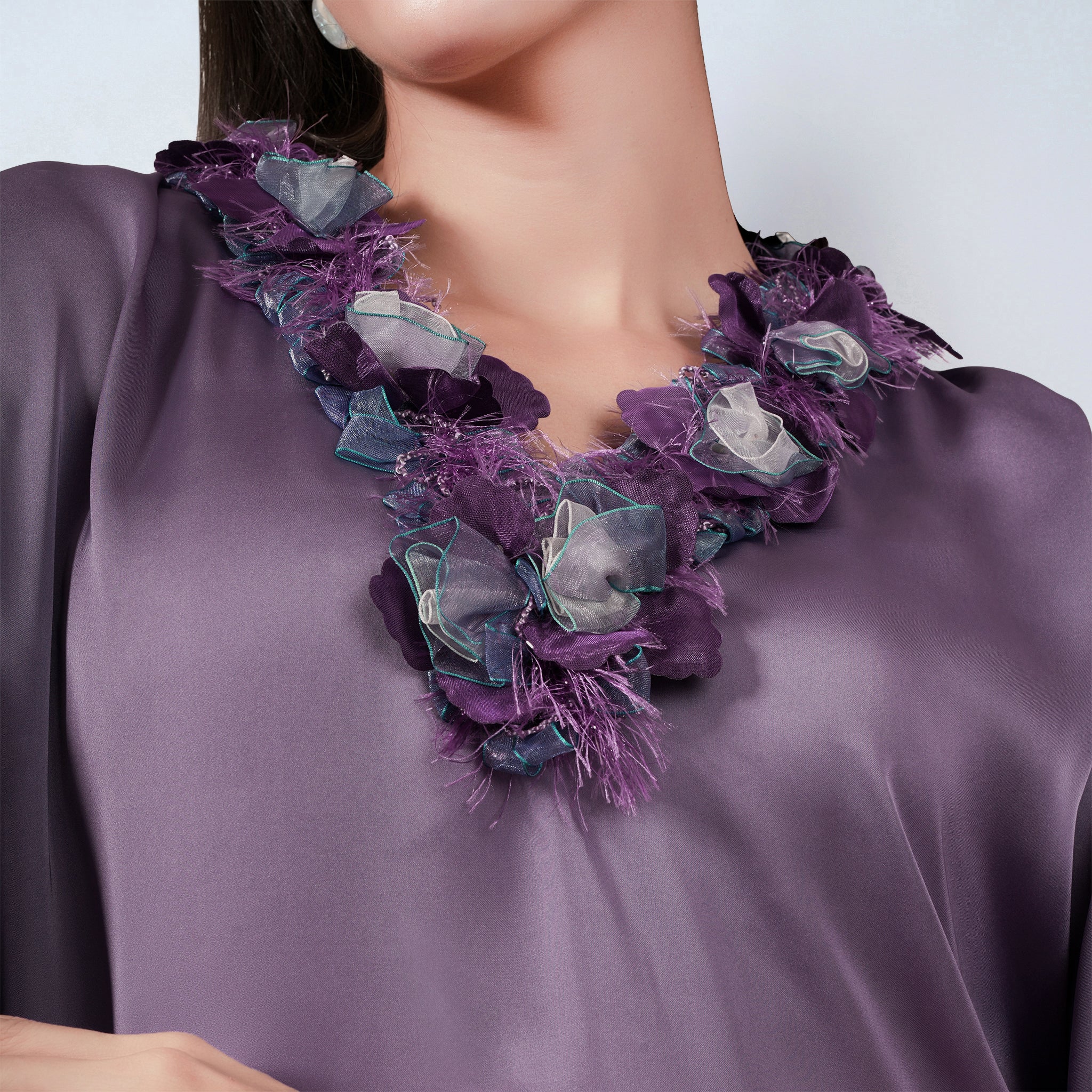 Purple Ruffle Dress with Floral Lace Detail