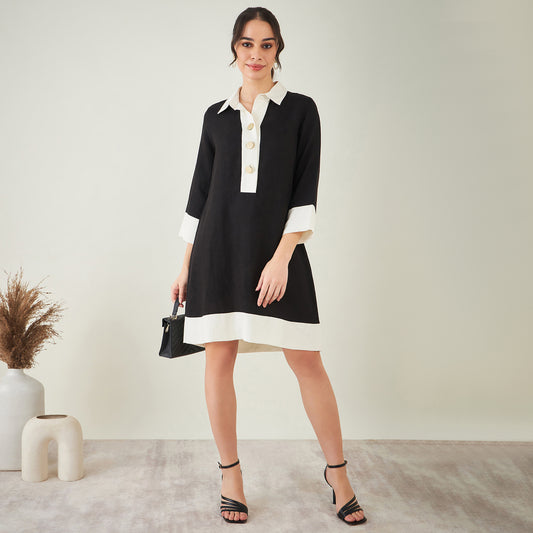 Black and Off-White Linen Shirt Dress