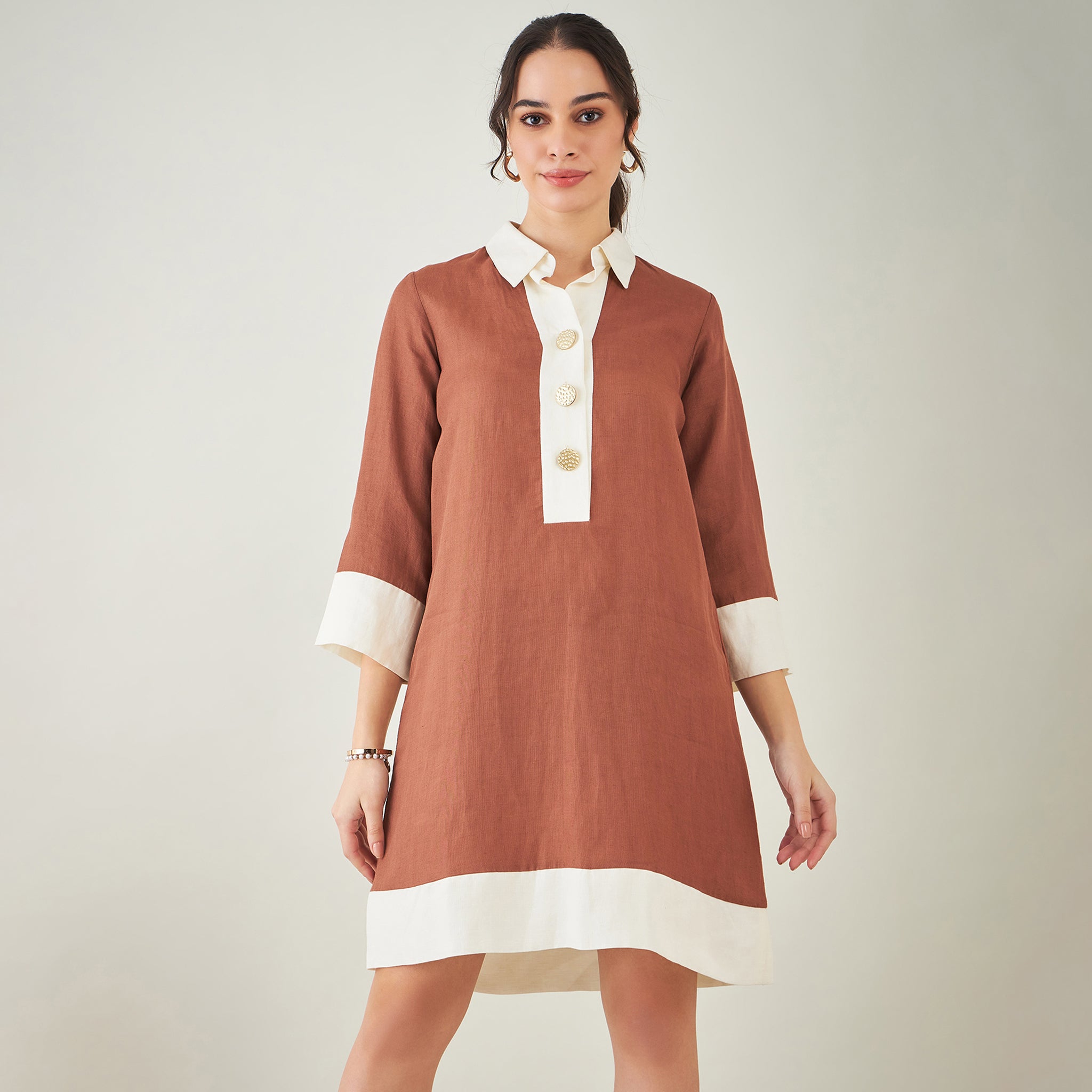 Brown and Off-White Linen Shirt Dress