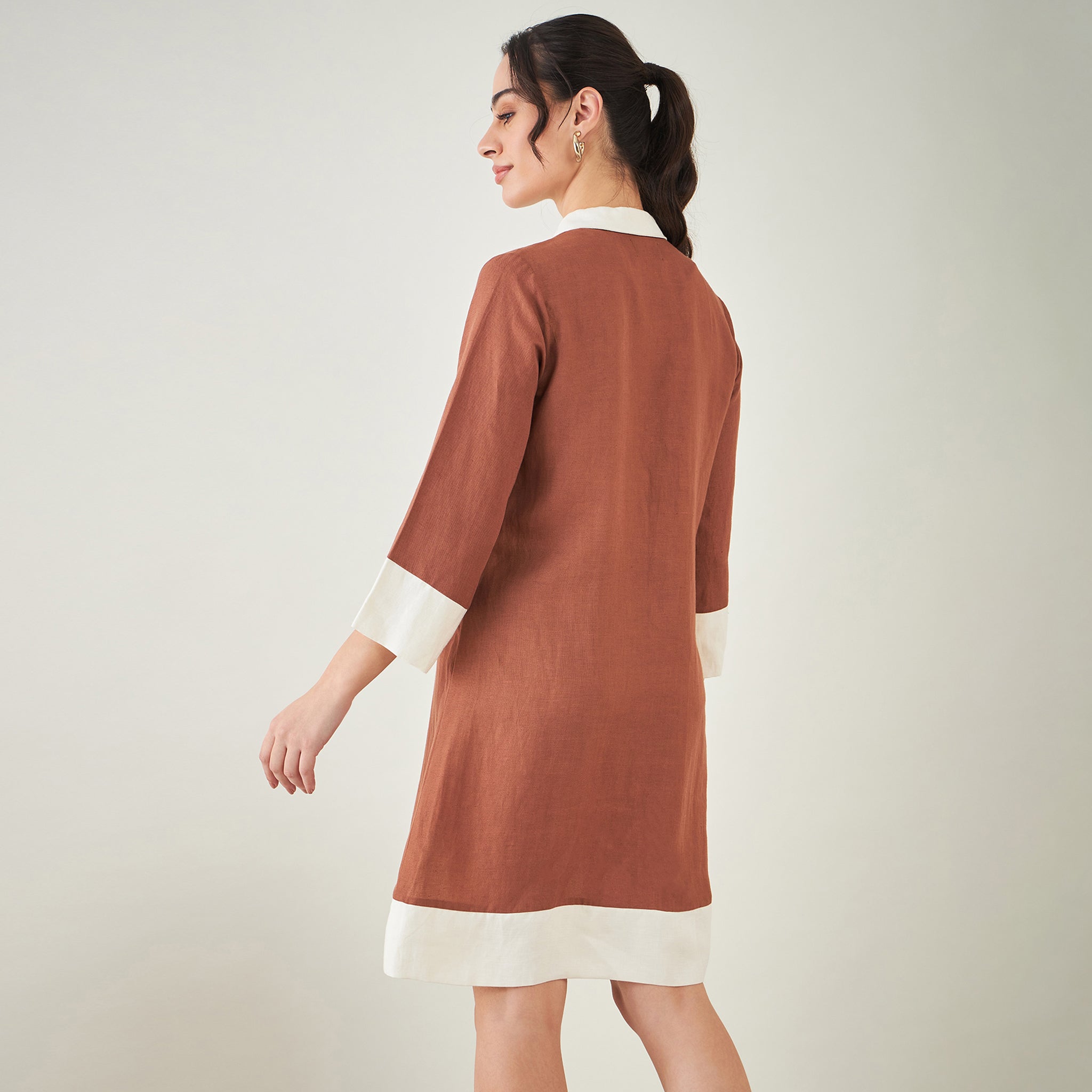 Brown and Off-White Linen Shirt Dress