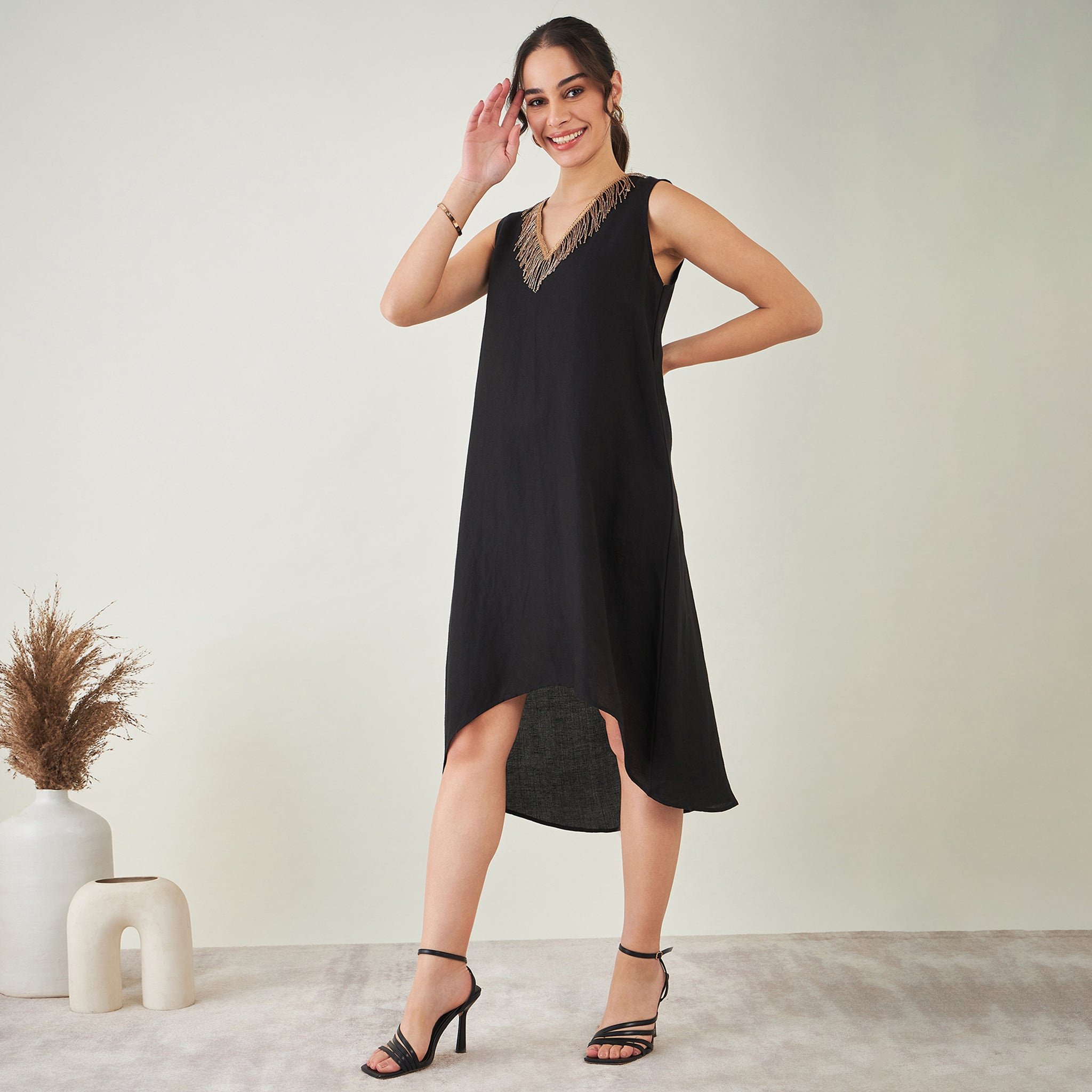 Black A-Line Linen Dress with Cut Dana Lace Detail