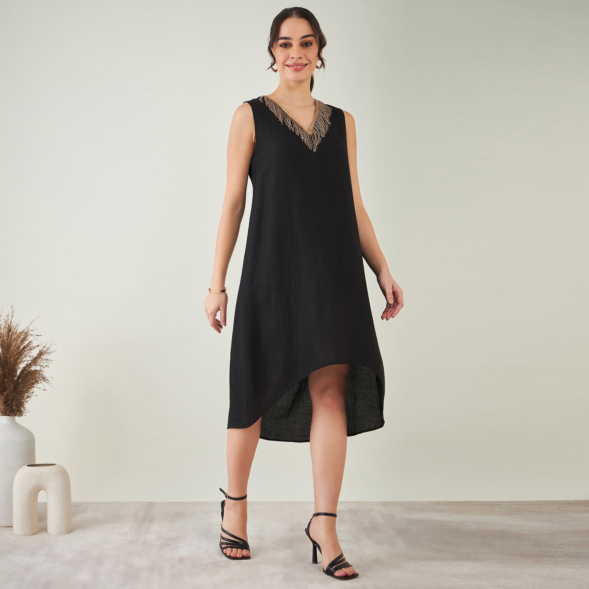 Black A-Line Linen Dress with Cut Dana Lace Detail