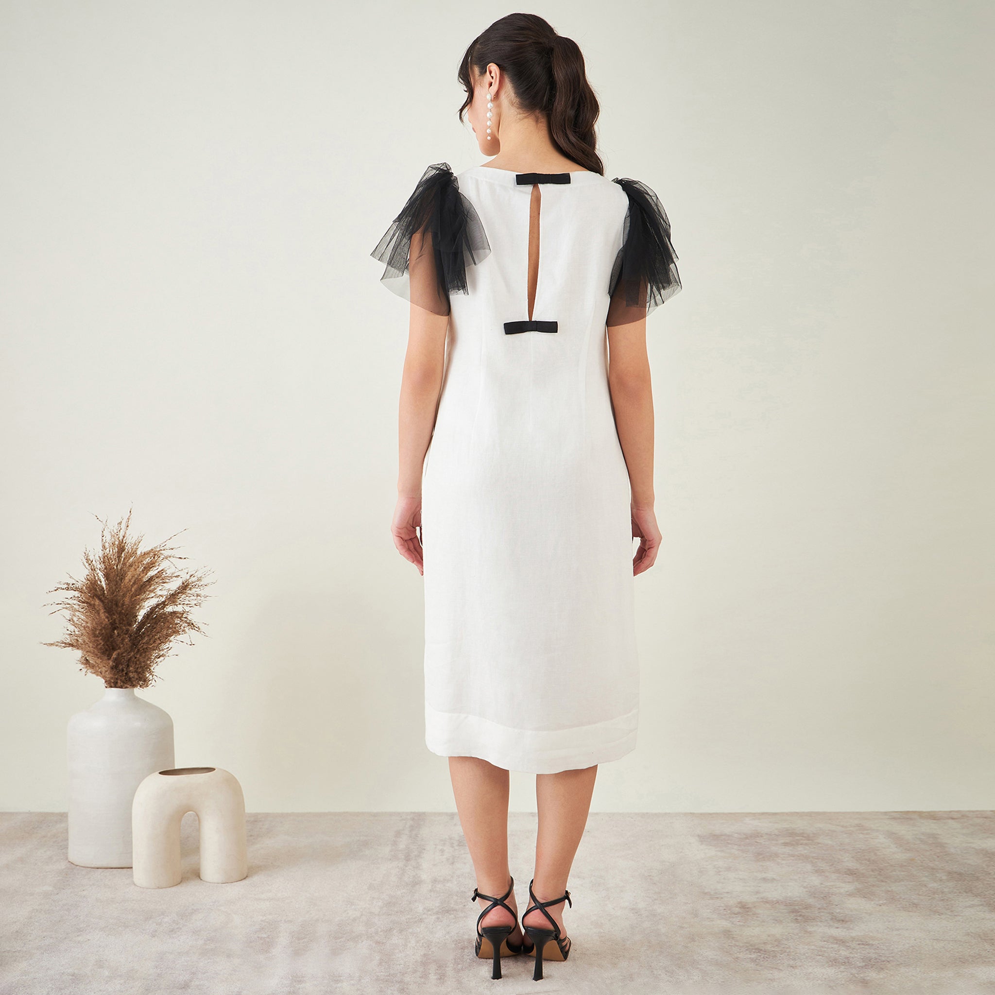 Off-White Linen Dress with Black Net Sleeves