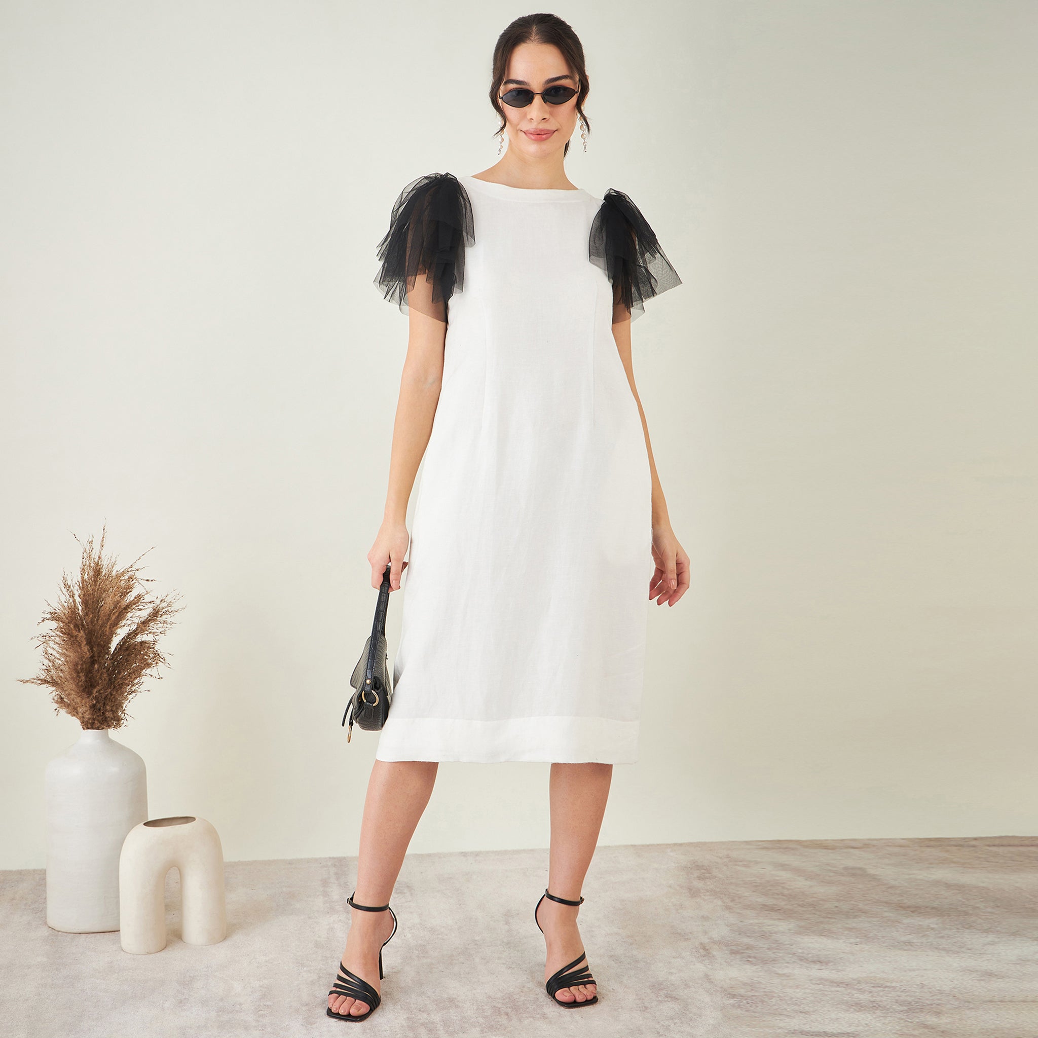 Off-White Linen Dress with Black Net Sleeves